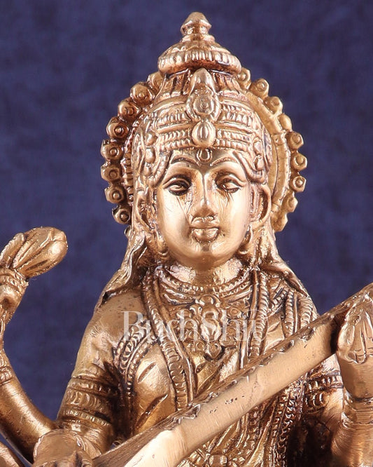 Brass Superfine Saraswati Idol - 8.5 Inch golden hues - Budhshiv.com