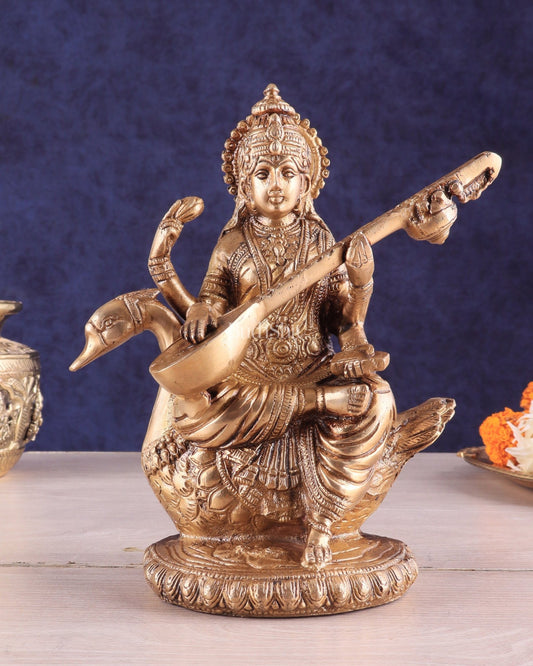 Brass Superfine Saraswati Idol - 8.5 Inch golden hues - Budhshiv.com