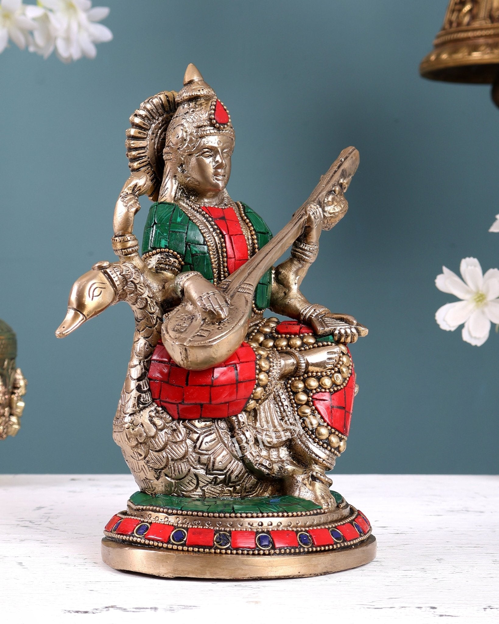 Brass Superfine Saraswati Idol - 8.5 Inch with stonework - Budhshiv.com