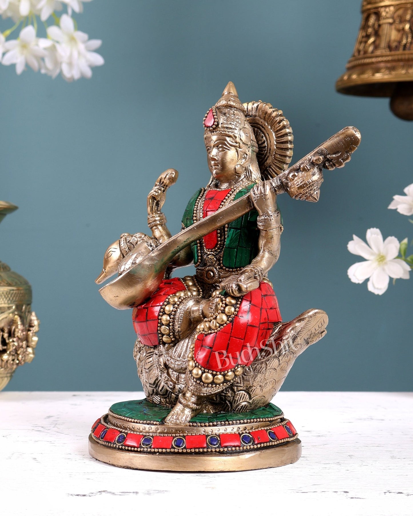 Brass Superfine Saraswati Idol - 8.5 Inch with stonework - Budhshiv.com