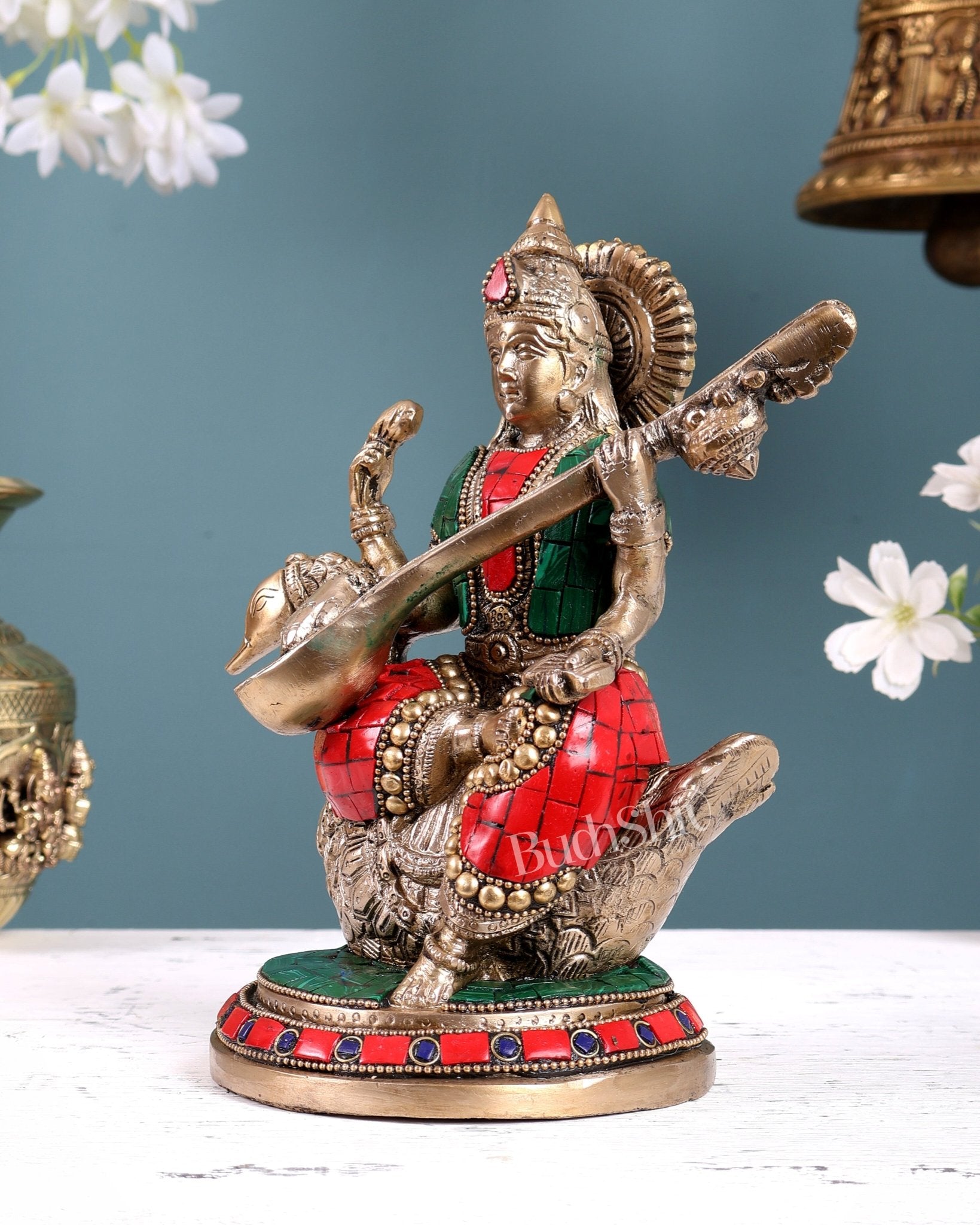 Brass Superfine Saraswati Idol - 8.5 Inch with stonework - Budhshiv.com