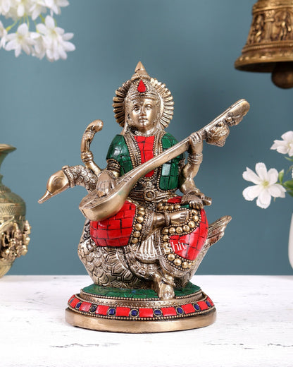 Brass Superfine Saraswati Idol - 8.5 Inch with stonework - Budhshiv.com