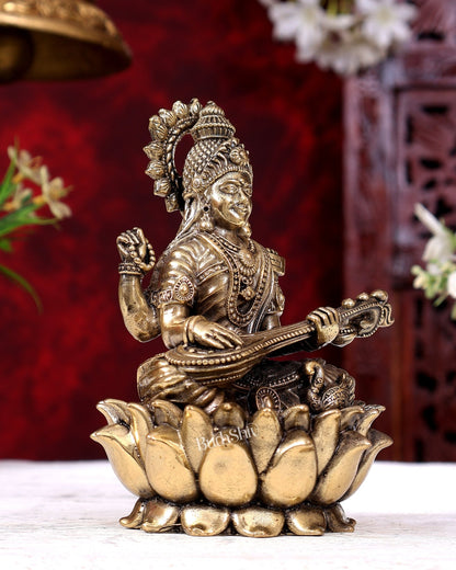 Brass Superfine Saraswati Idol Cross-Legged on Lotus Base 5 inch - Budhshiv.com