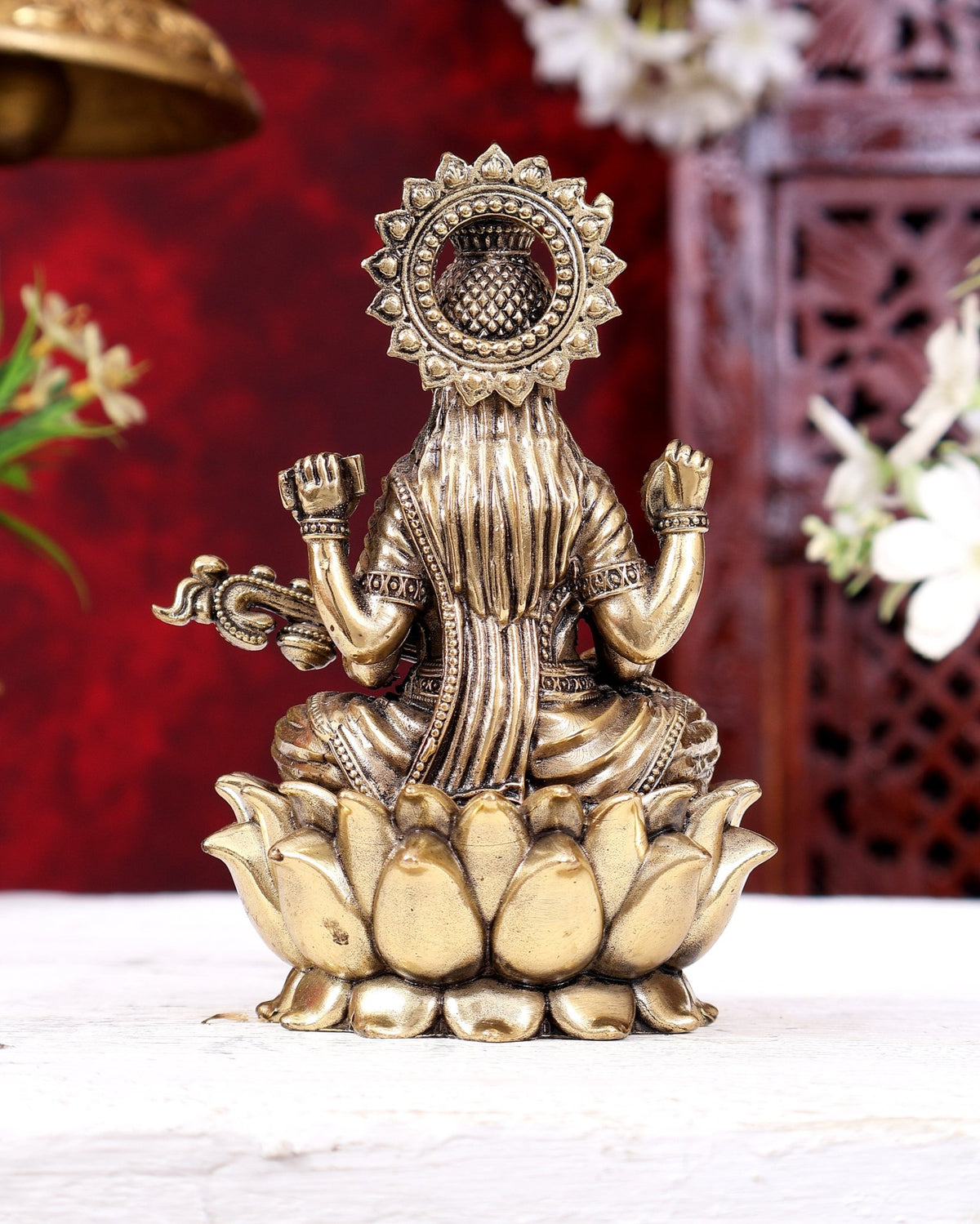 Brass Superfine Saraswati Idol Cross-Legged on Lotus Base 5 inch - Budhshiv.com