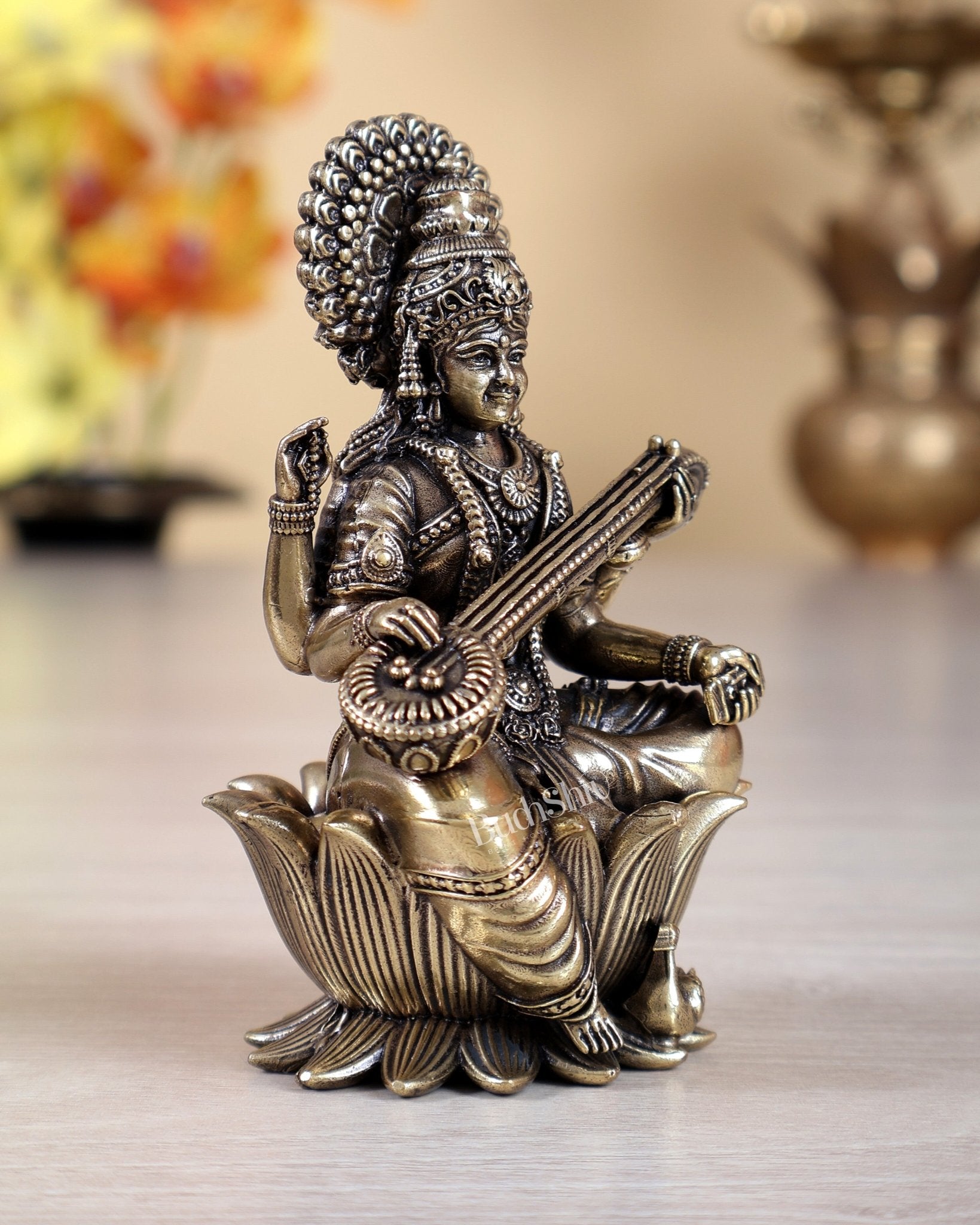 Brass Superfine Saraswati Idol with swan - 4 Inch on kamalasana - Budhshiv.com