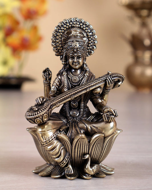Brass Superfine Saraswati Idol with swan - 4 Inch on kamalasana - Budhshiv.com