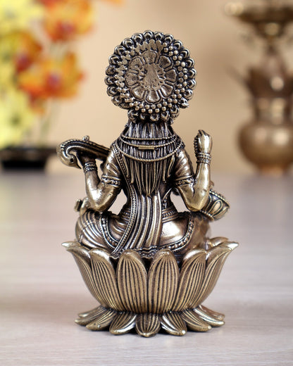Brass Superfine Saraswati Idol with swan - 4 Inch on kamalasana - Budhshiv.com