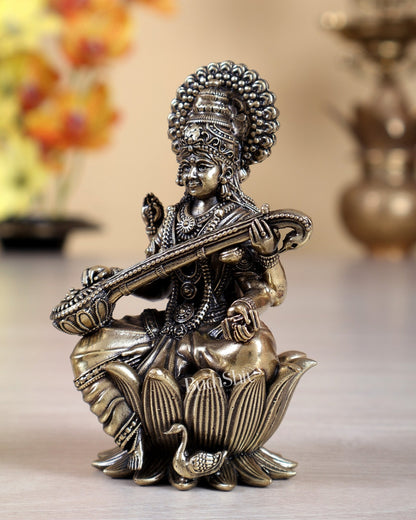 Brass Superfine Saraswati Idol with swan - 4 Inch on kamalasana - Budhshiv.com