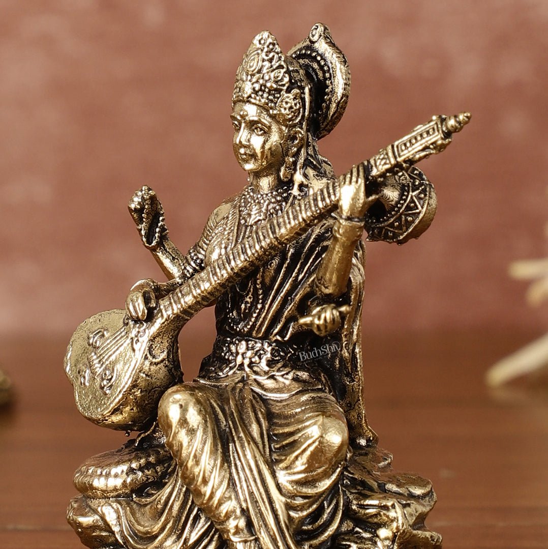 Brass Superfine Saraswati Miniature Idol - 3" Tall - Budhshiv.com