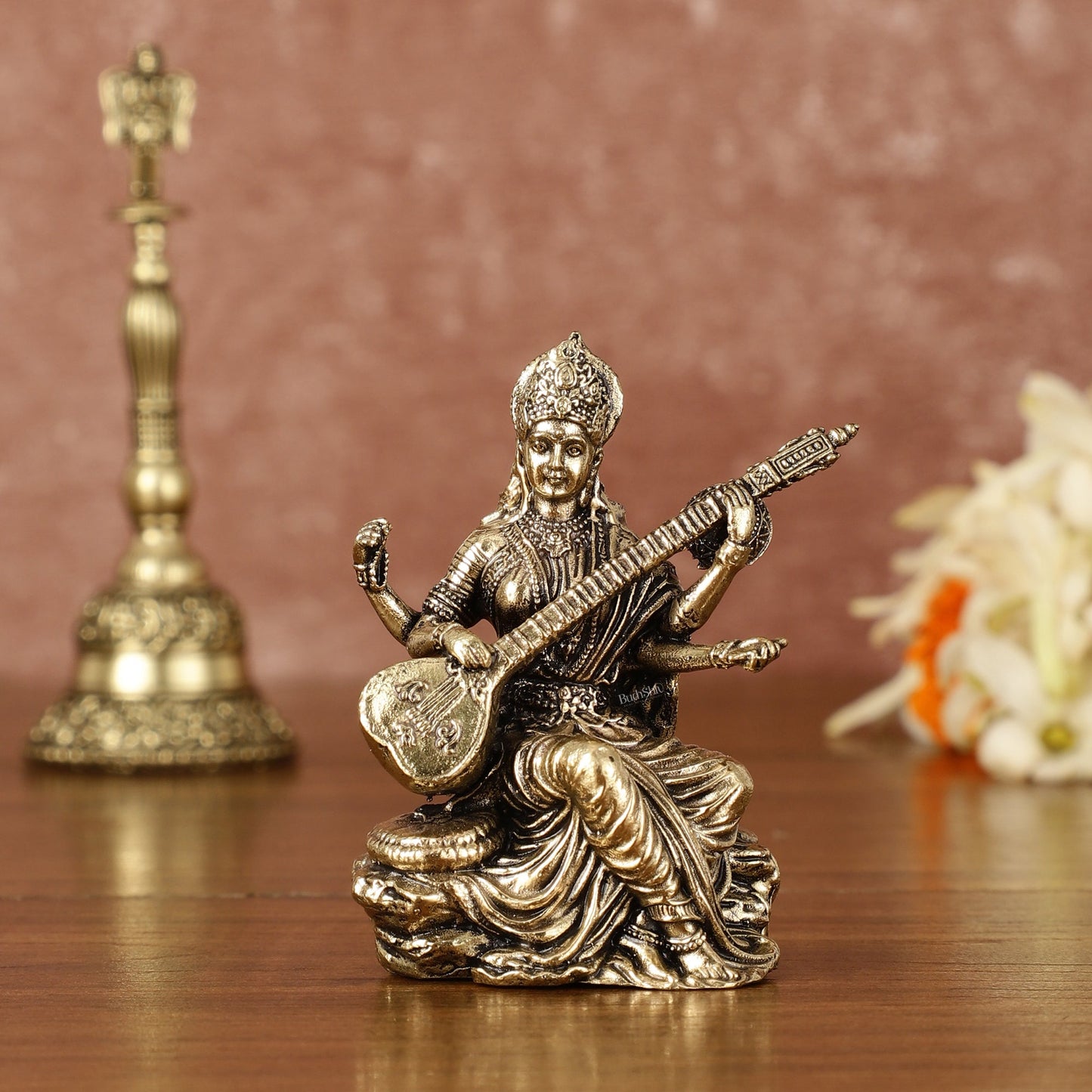 Brass Superfine Saraswati Miniature Idol - 3" Tall - Budhshiv.com