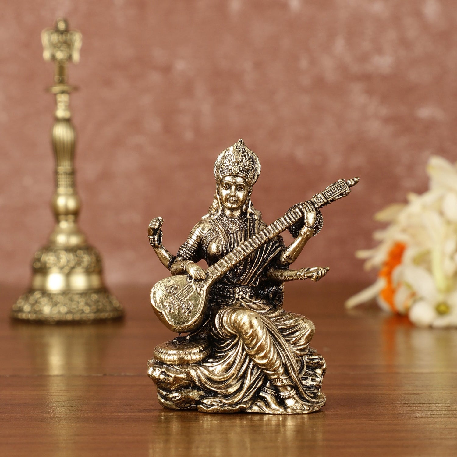 Brass Superfine Saraswati Miniature Idol - 3" Tall - Budhshiv.com