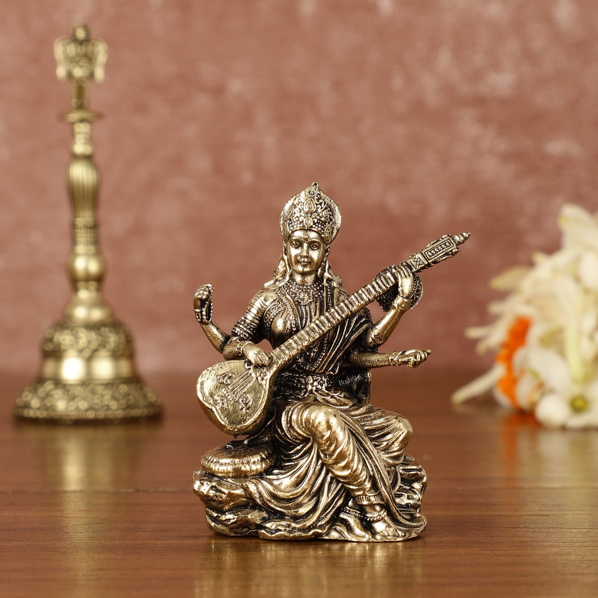 Brass Superfine Saraswati Miniature Idol - 3" Tall - Budhshiv.com