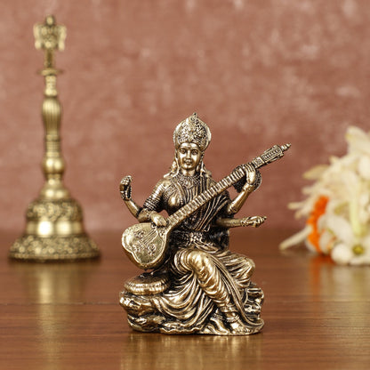 Brass Superfine Saraswati Miniature Idol - 3" Tall - Budhshiv.com