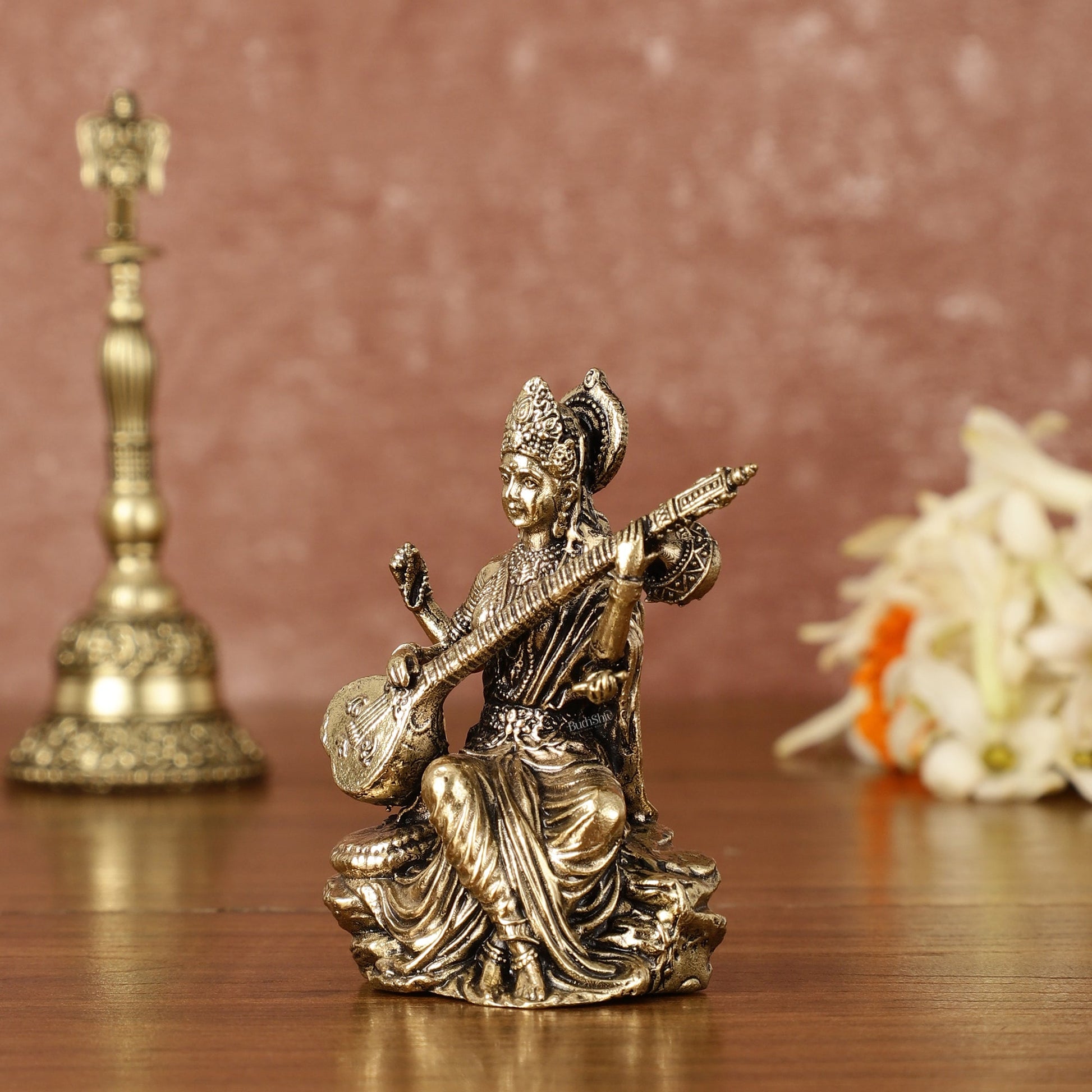 Brass Superfine Saraswati Miniature Idol - 3" Tall - Budhshiv.com