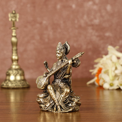 Brass Superfine Saraswati Miniature Idol - 3" Tall - Budhshiv.com