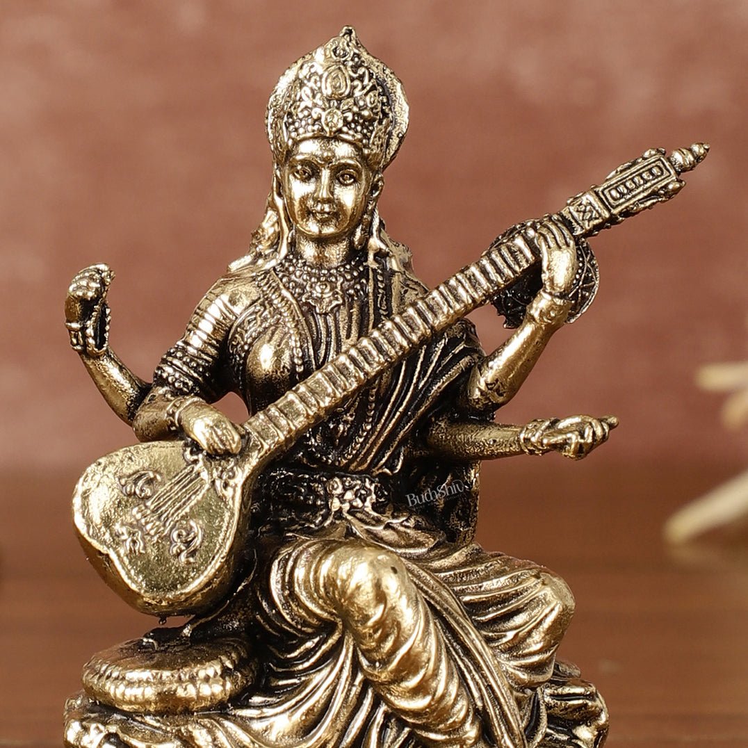 Brass Superfine Saraswati Miniature Idol - 3" Tall - Budhshiv.com