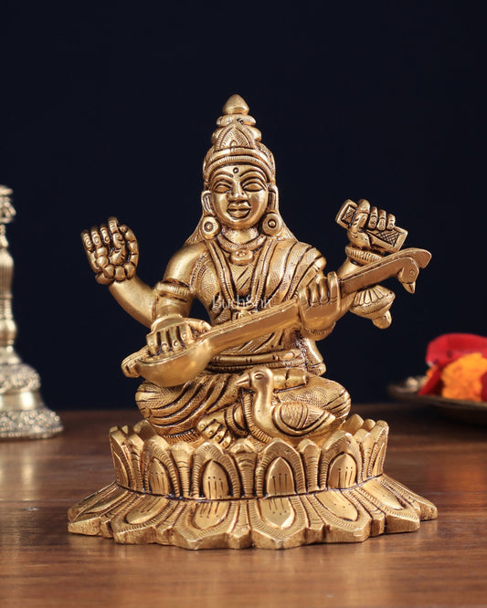 Brass Superfine Saraswati on Lotus Idol | 5.5" Height - Budhshiv.com