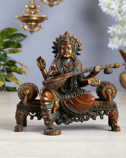 Brass Superfine saraswati on throne idol 4 and 5.5 inch chola bronze - Budhshiv.com