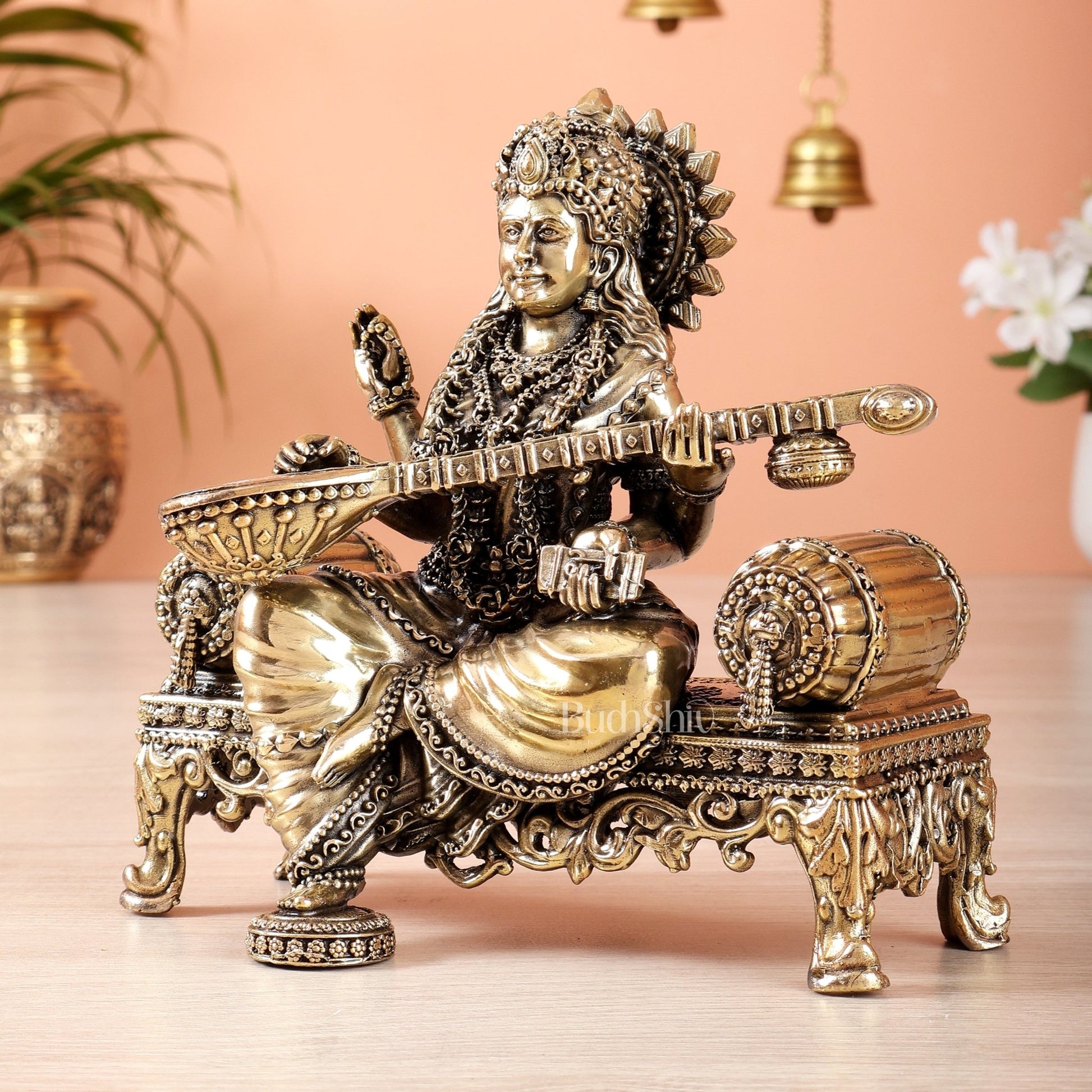 Brass Superfine saraswati on throne idol 4 and 5.5 inch - Budhshiv.com