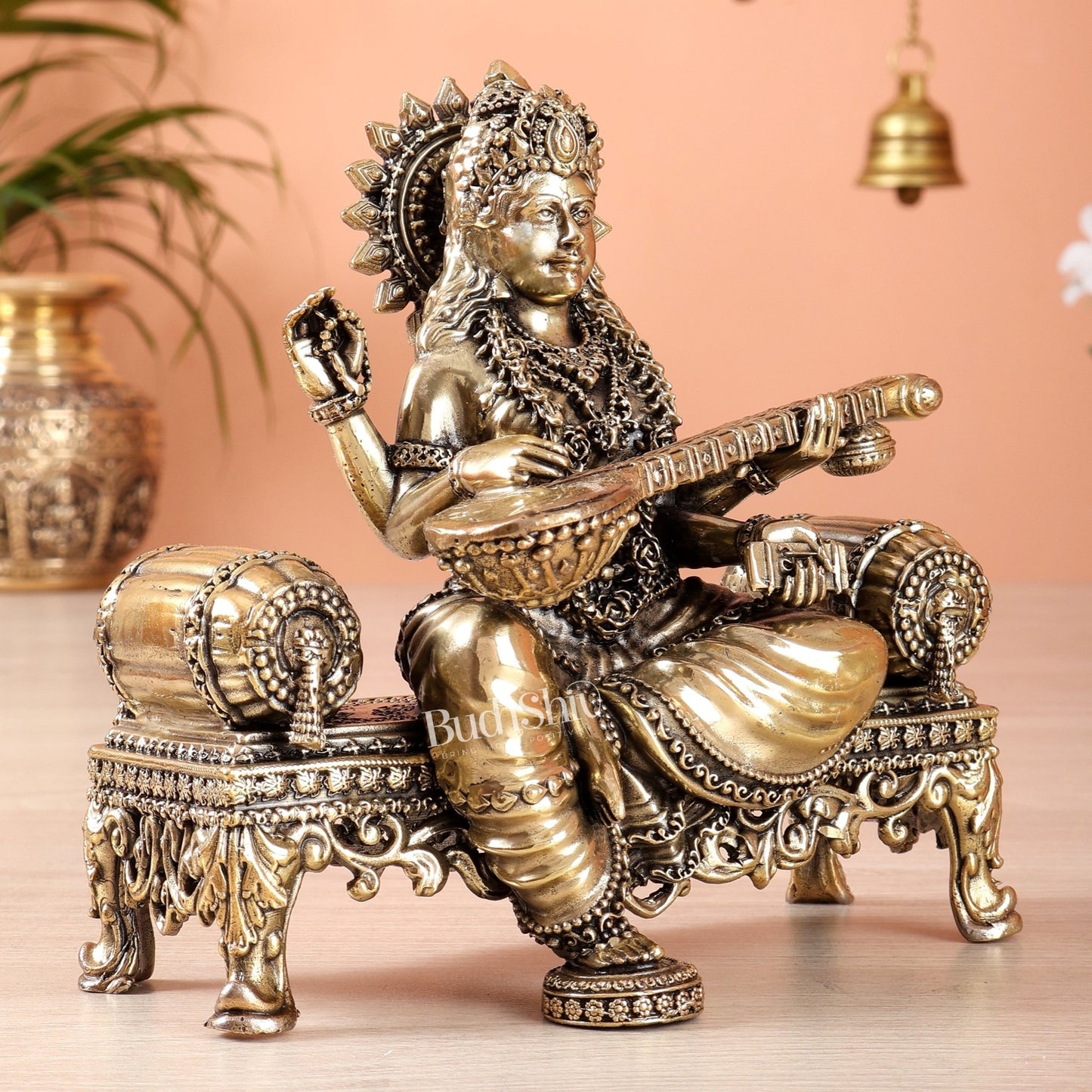 Brass Superfine saraswati on throne idol 4 and 5.5 inch - Budhshiv.com