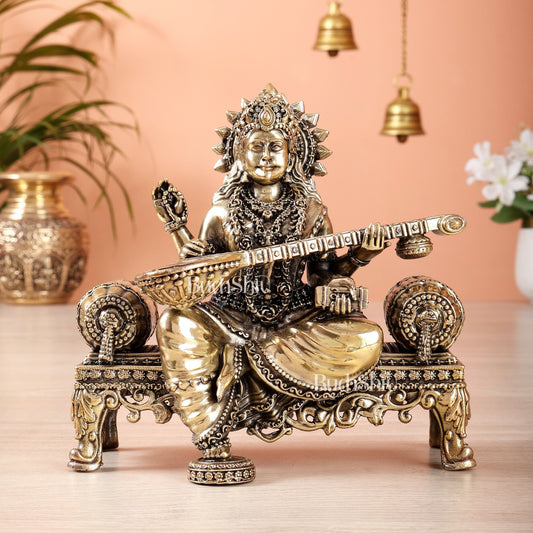 Brass Superfine saraswati on throne idol 4 and 5.5 inch - Budhshiv.com