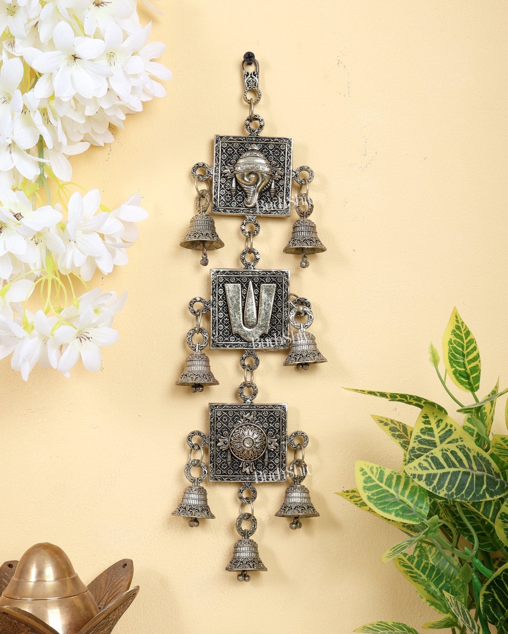 Brass Superfine Shankh Chakra Namah Wall Hanging with Bells 12" - Budhshiv.com