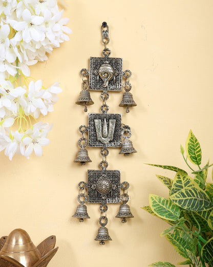 Brass Superfine Shankh Chakra Namah Wall Hanging with Bells 12" - Budhshiv.com