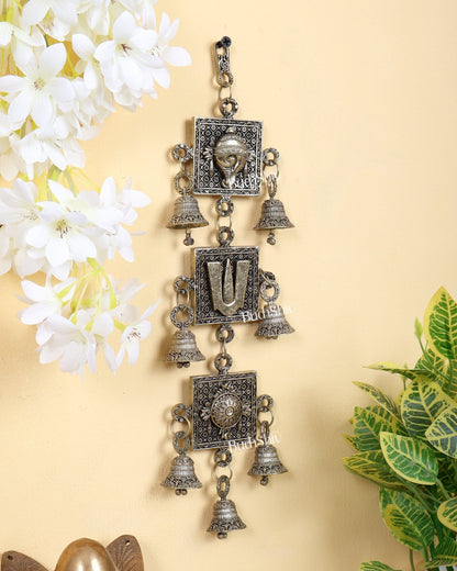 Brass Superfine Shankh Chakra Namah Wall Hanging with Bells 12" - Budhshiv.com