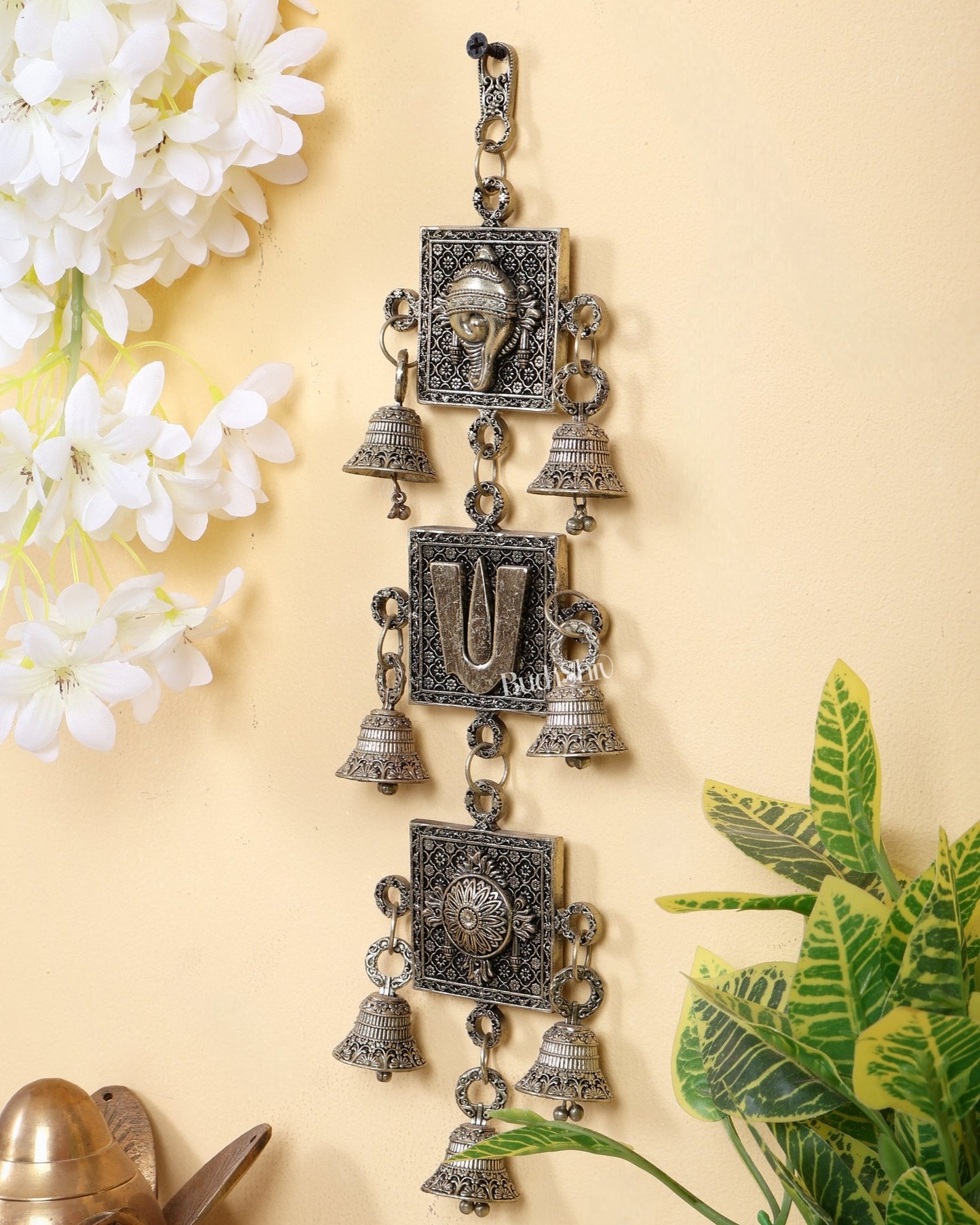 Brass Superfine Shankh Chakra Namah Wall Hanging with Bells 12" - Budhshiv.com