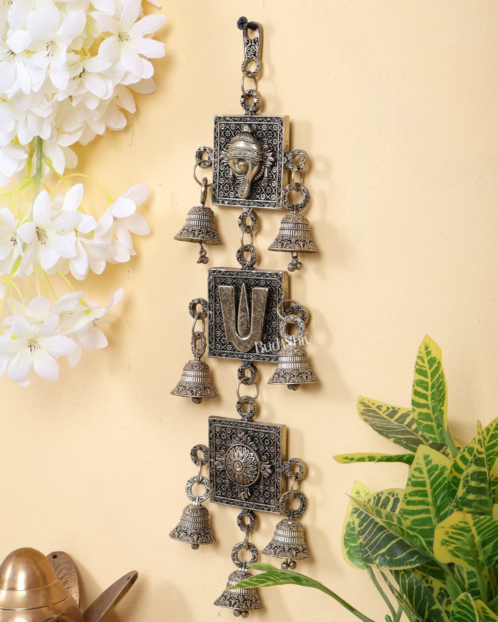 Brass Superfine Shankh Chakra Namah Wall Hanging with Bells 12" - Budhshiv.com