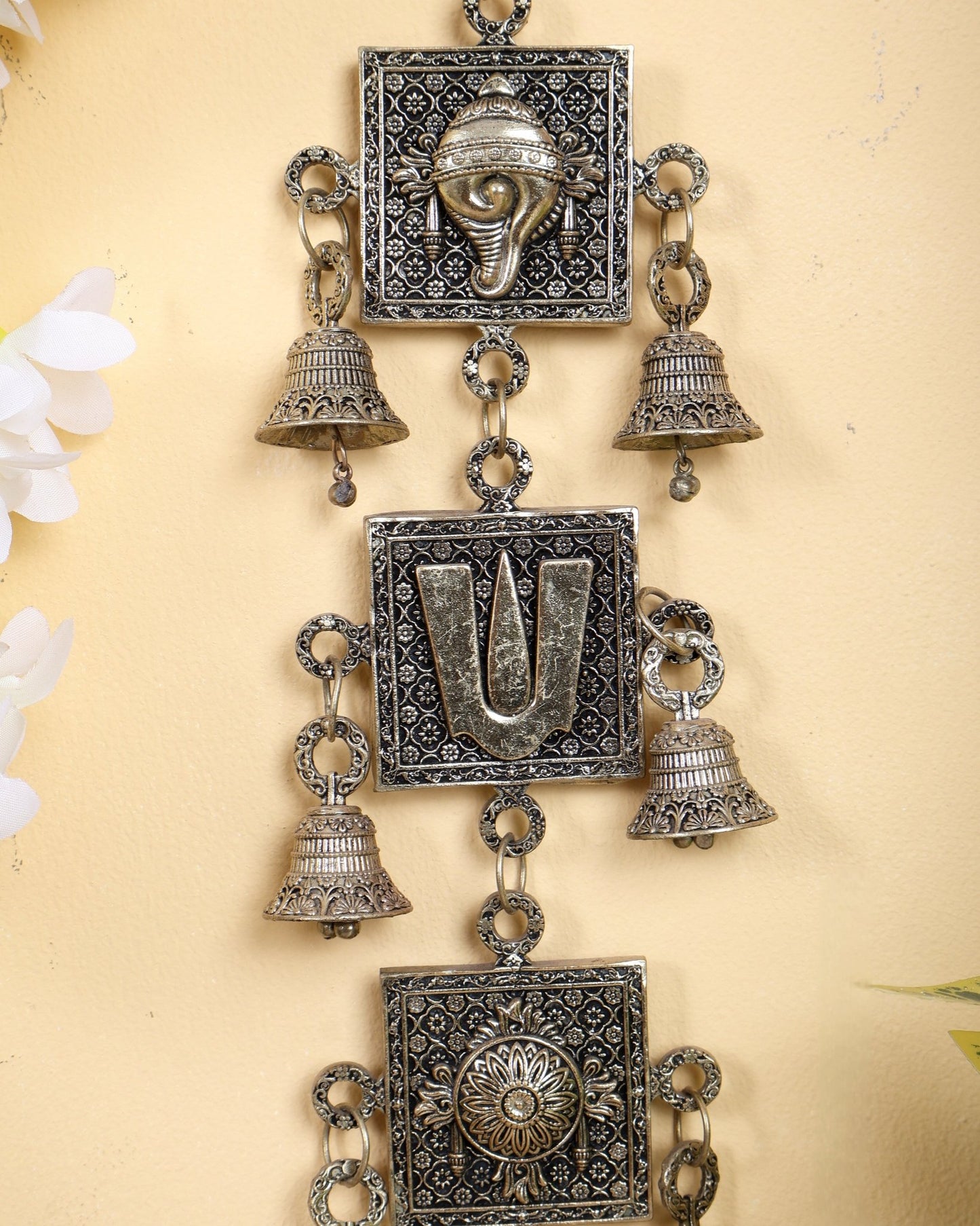 Brass Superfine Shankh Chakra Namah Wall Hanging with Bells 12" - Budhshiv.com