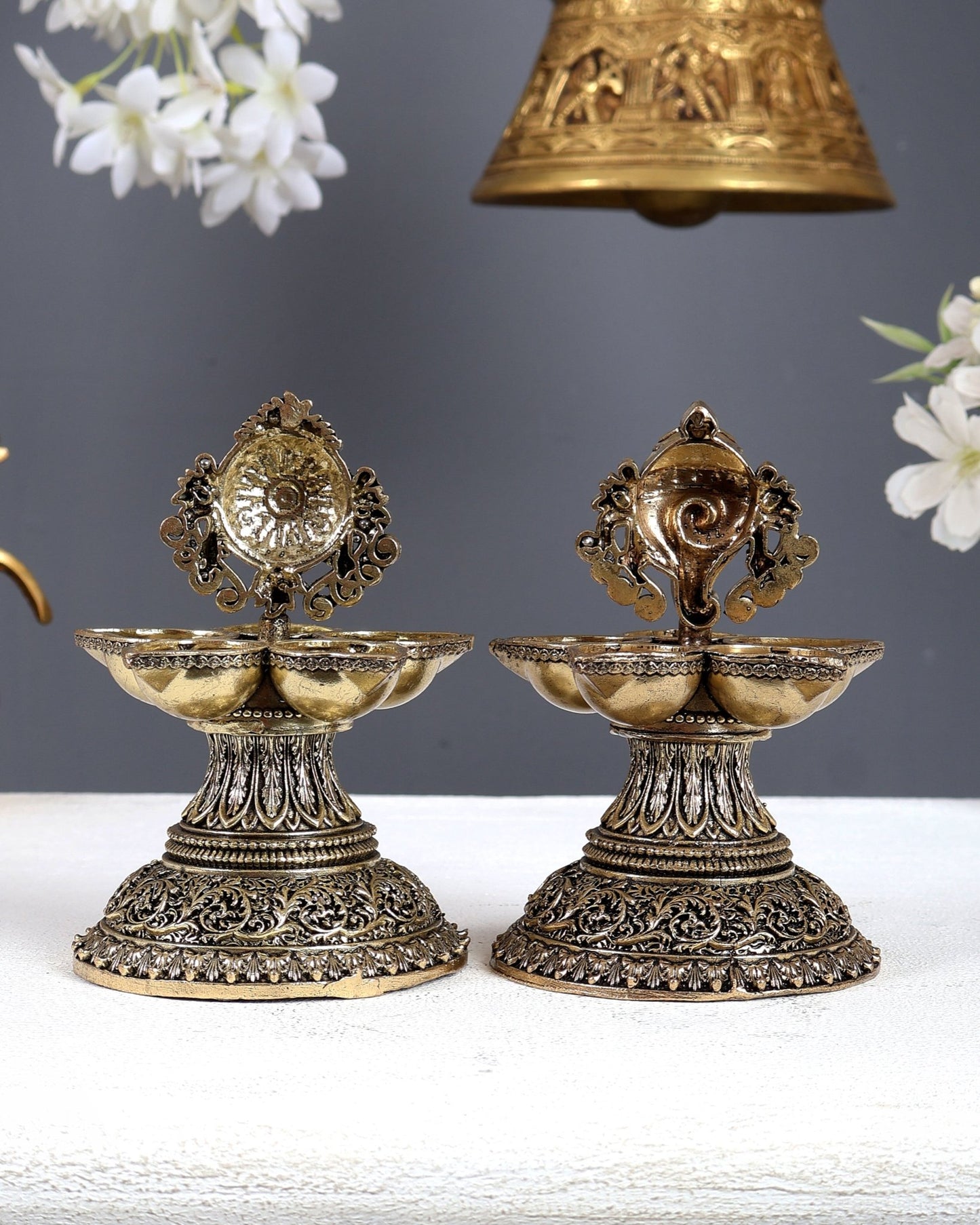Brass Superfine Shankh Chakra Oil Lamp Panchdeepam Pair – Sacred Diya Set (5 Inches Each) - Budhshiv.com