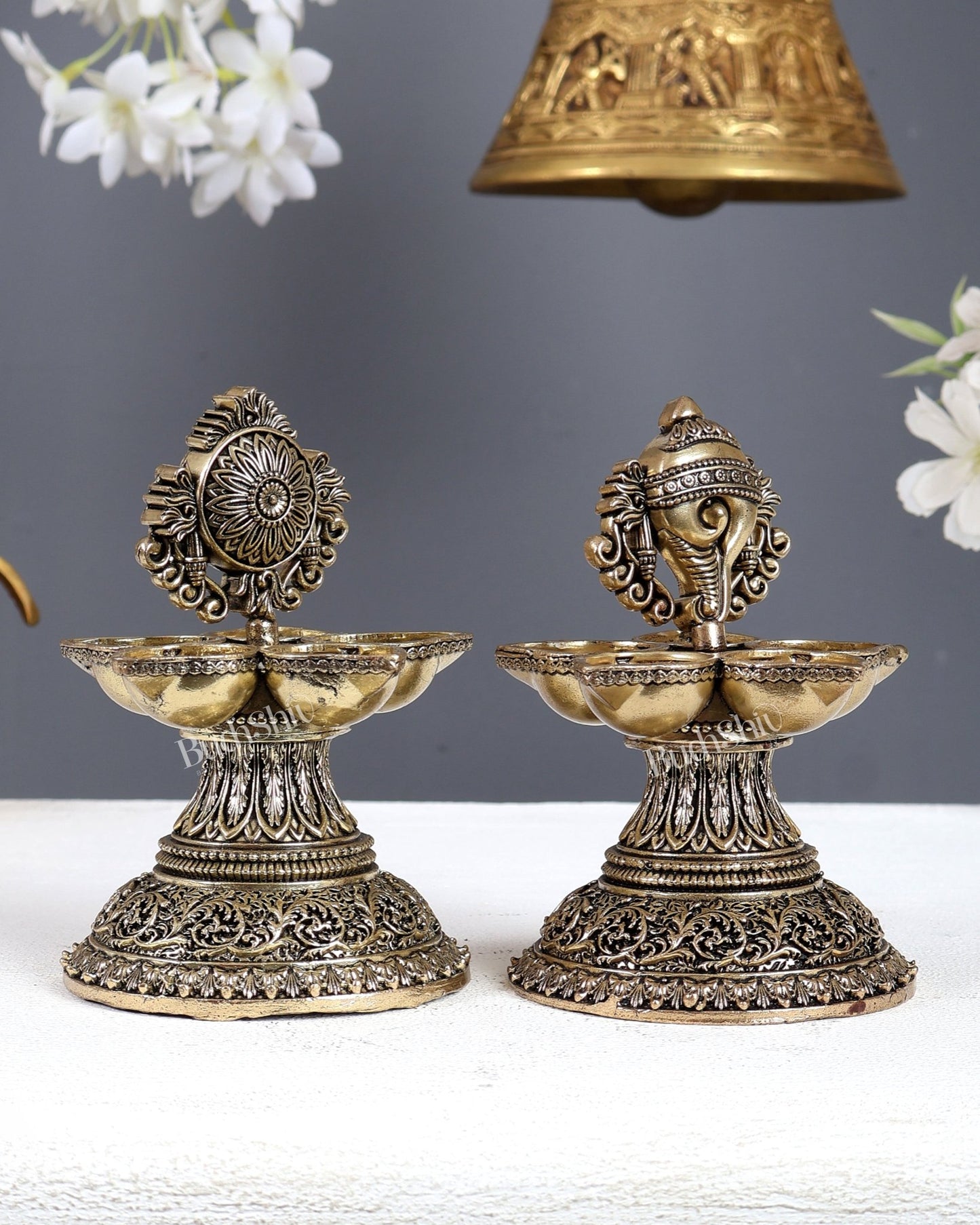 Brass Superfine Shankh Chakra Oil Lamp Panchdeepam Pair – Sacred Diya Set (5 Inches Each) - Budhshiv.com