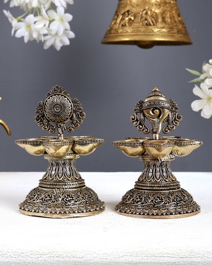 Brass Superfine Shankh Chakra Oil Lamp Panchdeepam Pair – Sacred Diya Set (5 Inches Each) - Budhshiv.com