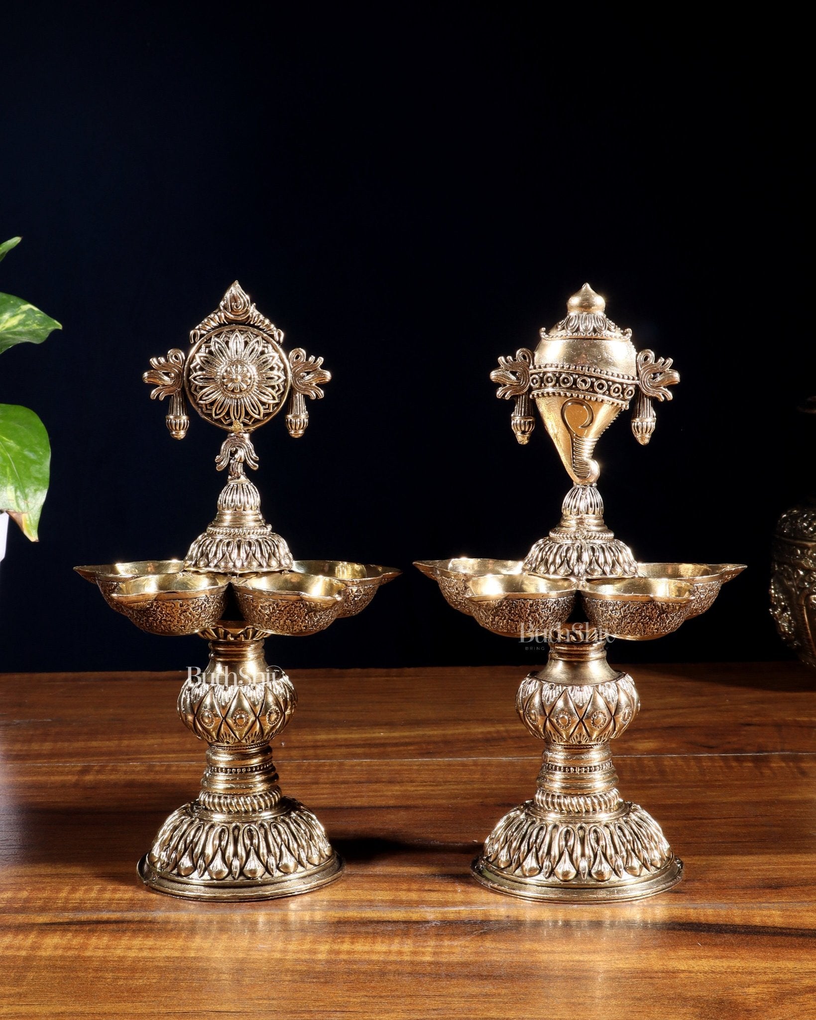 Brass Superfine Shanku Chakra Lamps – Intricately Crafted 8 inch - Budhshiv.com