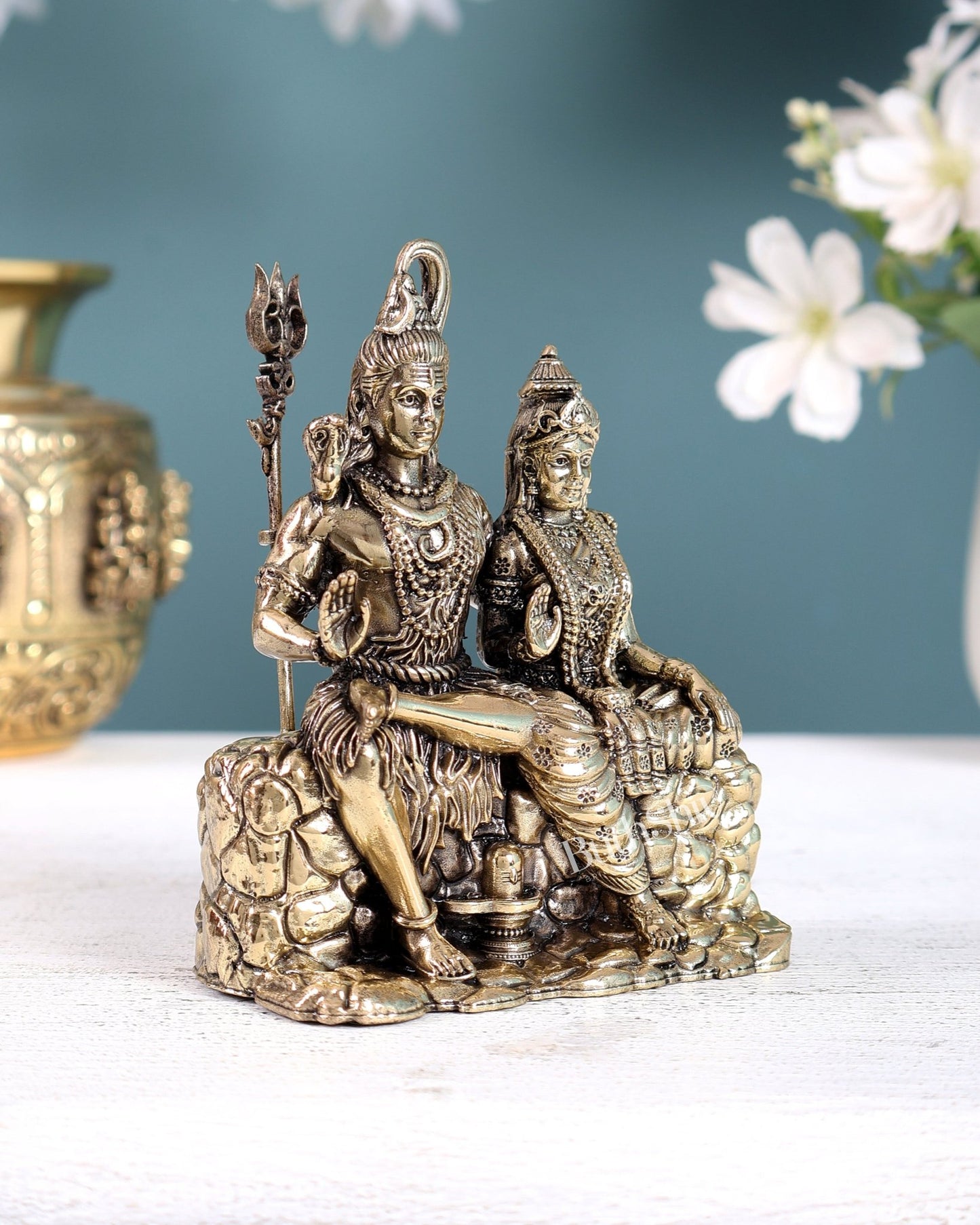 Brass Superfine Shiv Parvati Idol – Intricately Carved Divine Couple Sculpture (4.2 Inches) - Budhshiv.com
