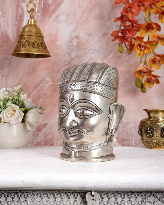 Brass Superfine Shiva Face Mukhalingam – Silver Plated Handcrafted Divine Sculpture (9 Inches) - Budhshiv.com