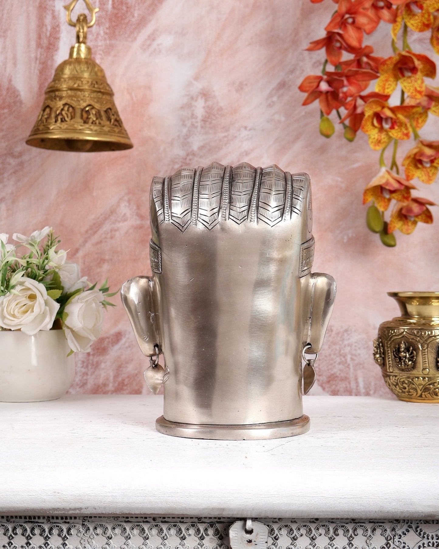 Brass Superfine Shiva Face Mukhalingam – Silver Plated Handcrafted Divine Sculpture (9 Inches) - Budhshiv.com