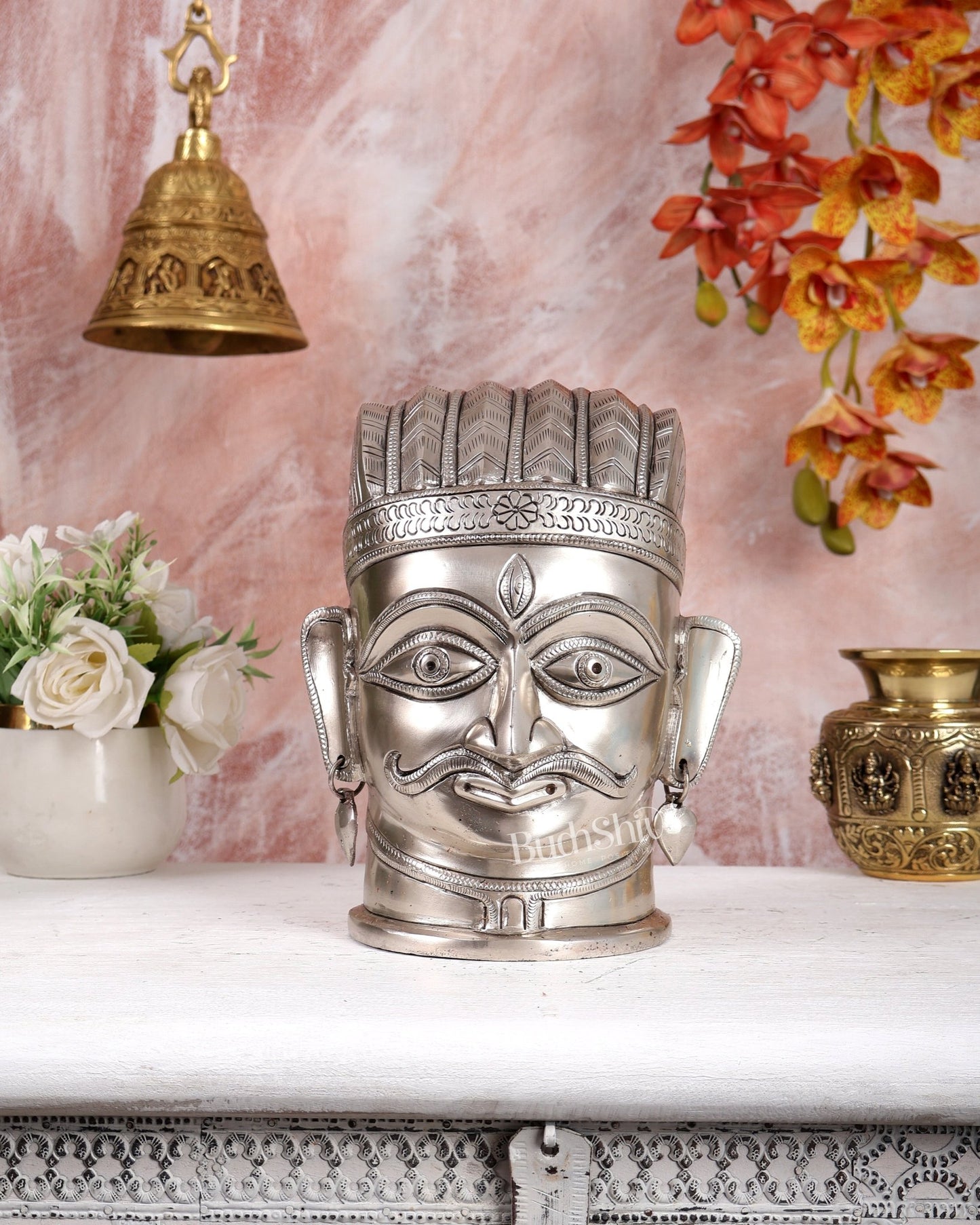 Brass Superfine Shiva Face Mukhalingam – Silver Plated Handcrafted Divine Sculpture (9 Inches) - Budhshiv.com