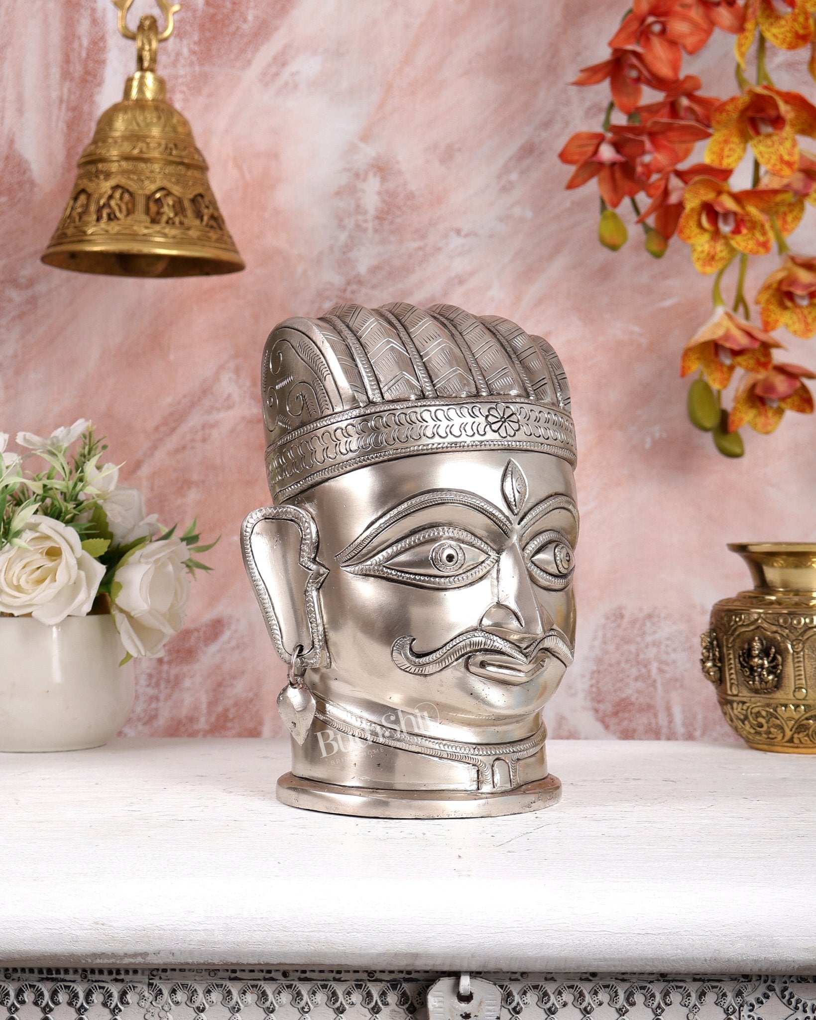 Brass Superfine Shiva Face Mukhalingam – Silver Plated Handcrafted Divine Sculpture (9 Inches) - Budhshiv.com