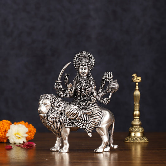 Brass Superfine silver plated Goddess Durga Ambe Mata Sitting on Lion - 6" - Budhshiv.com