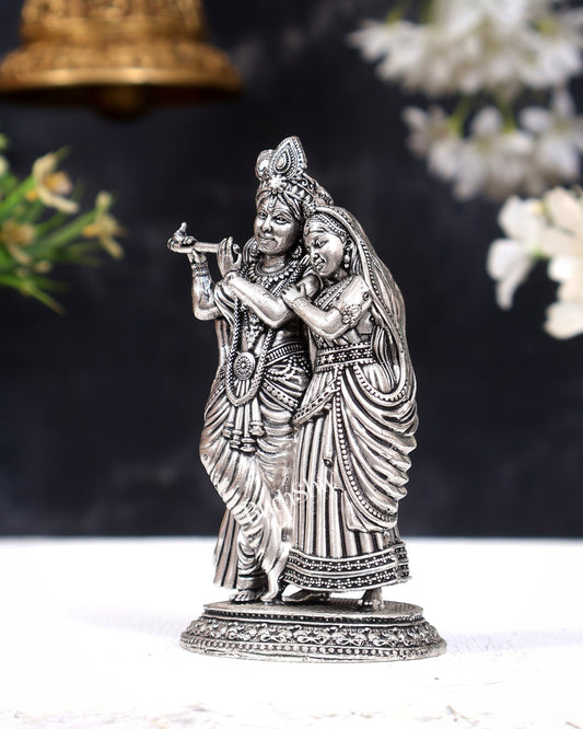 Brass Superfine silver plated Radha Krishna Together Idols – Intricately Carved 4" (Copy) - Budhshiv.com