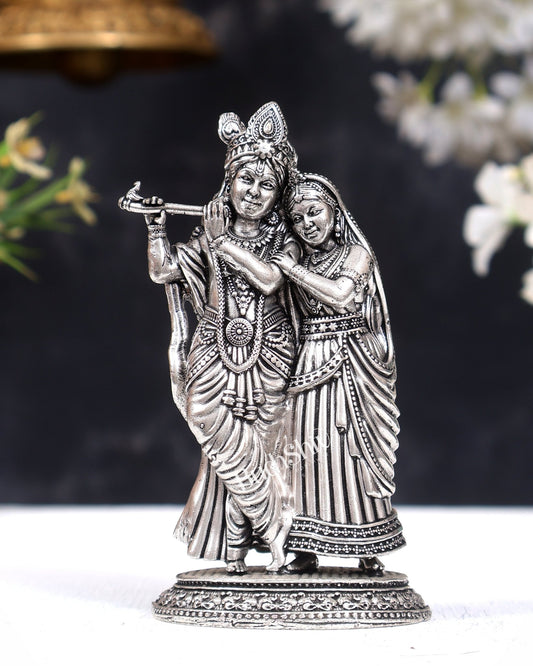 Brass Superfine silver plated Radha Krishna Together Idols – Intricately Carved 4" (Copy) - Budhshiv.com