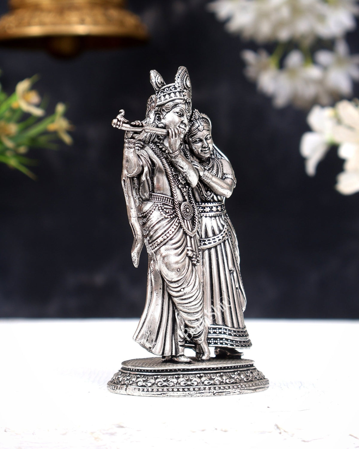 Brass Superfine silver plated Radha Krishna Together Idols – Intricately Carved 4" (Copy) - Budhshiv.com