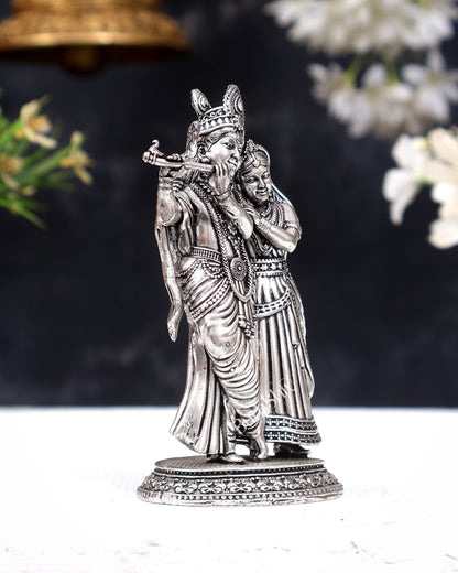 Brass Superfine silver plated Radha Krishna Together Idols – Intricately Carved 4" (Copy) - Budhshiv.com