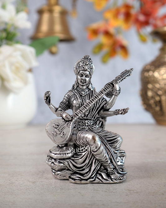 Brass Superfine Silver Plated Saraswati Miniature Idol - 3" Tall - Budhshiv.com