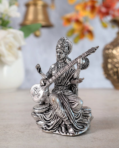 Brass Superfine Silver Plated Saraswati Miniature Idol - 3" Tall - Budhshiv.com