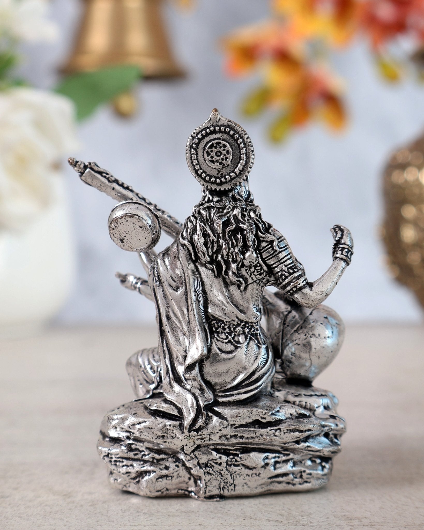 Brass Superfine Silver Plated Saraswati Miniature Idol - 3" Tall - Budhshiv.com