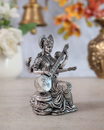 Brass Superfine Silver Plated Saraswati Miniature Idol - 3" Tall - Budhshiv.com