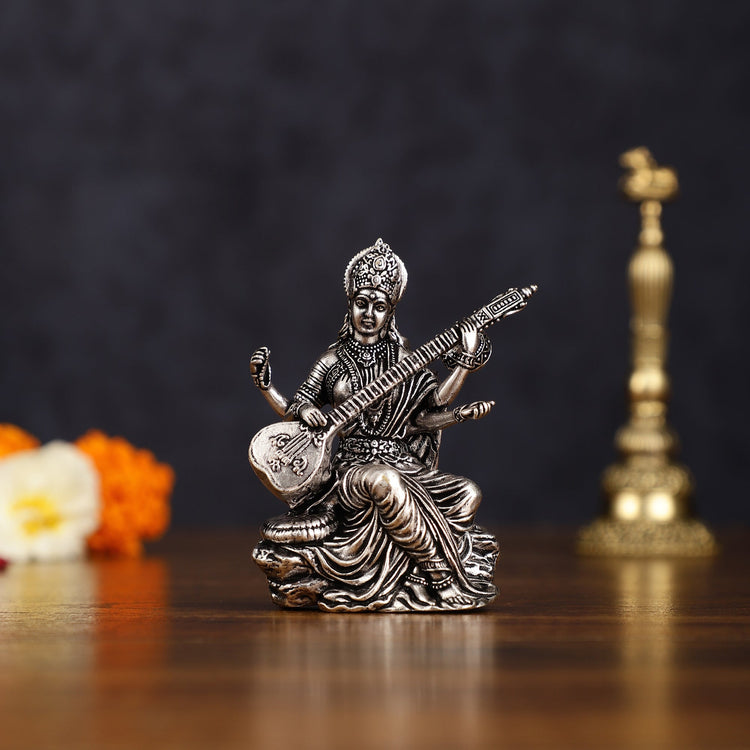 Brass Superfine Silver Plated Saraswati Miniature Idol - 3" Tall - Budhshiv.com